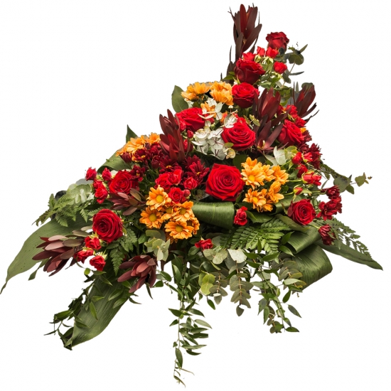 Aranjament floral funerar cu trandafiri rosii si crizanteme portocalii